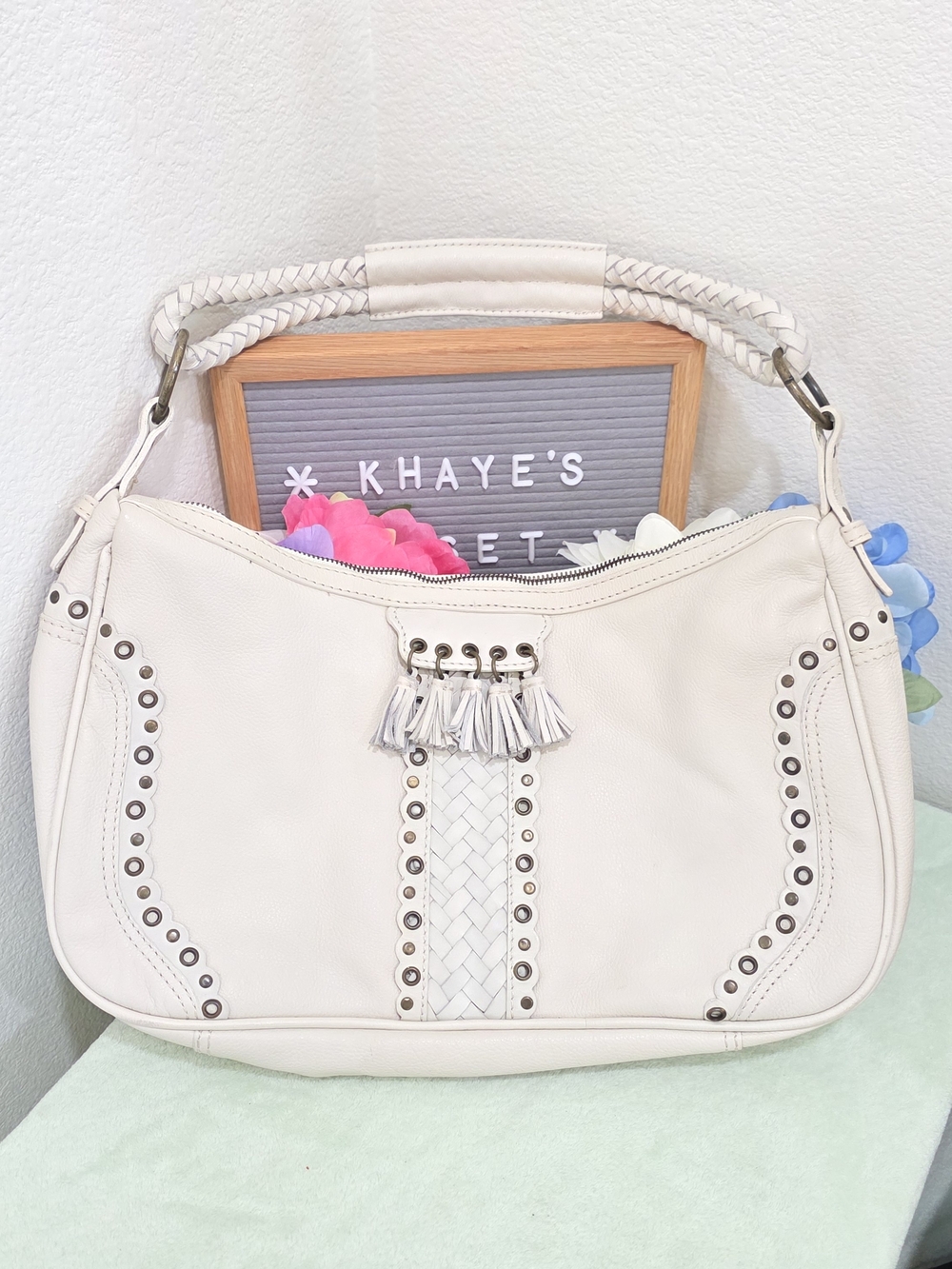 Cream Women's Leather Shoulder Bag with Braided Detail